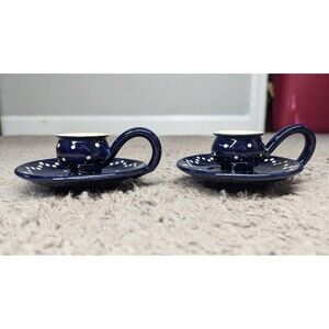Set of 2 Echt Bergeler Candle Holder w/Handle Chamber Stick Pottery Navy Blue